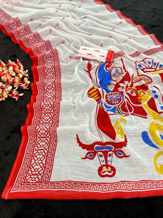 (04) Navratri Special Plain Linen Digital Print Saree and Blouse Designer Saree Shopin Di Apparels
