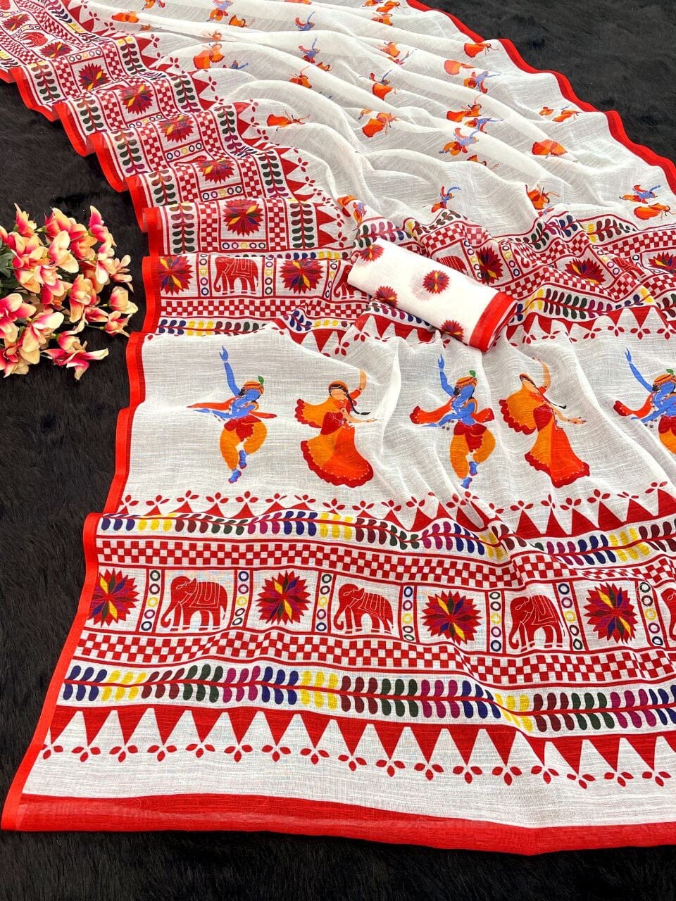 (05) Navratri Special Plain Linen Digital Print Saree and Blouse Designer Saree Shopin Di Apparels