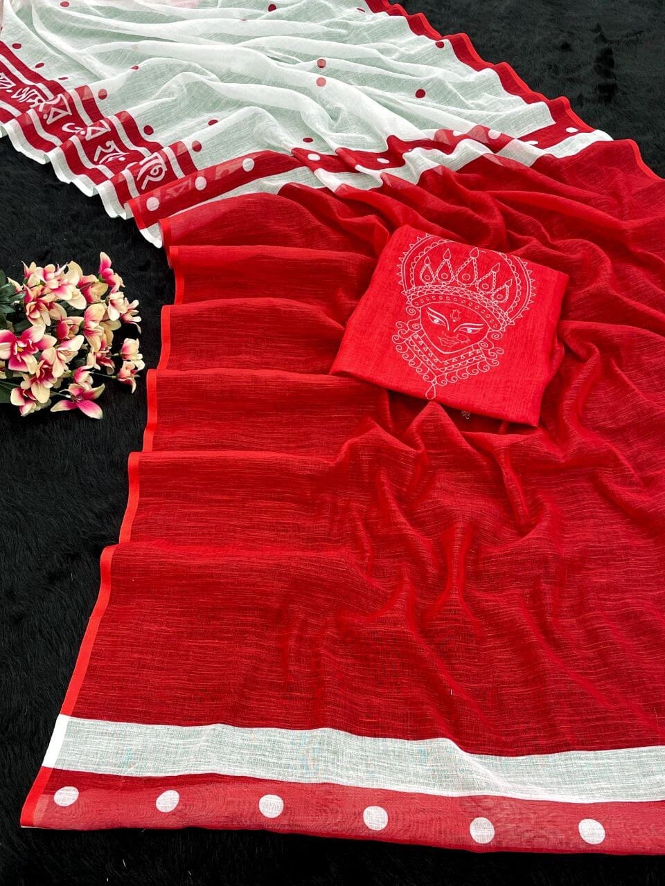 (06) Navratri Special Plain Linen Digital Print Saree and Blouse Designer Saree Shopin Di Apparels