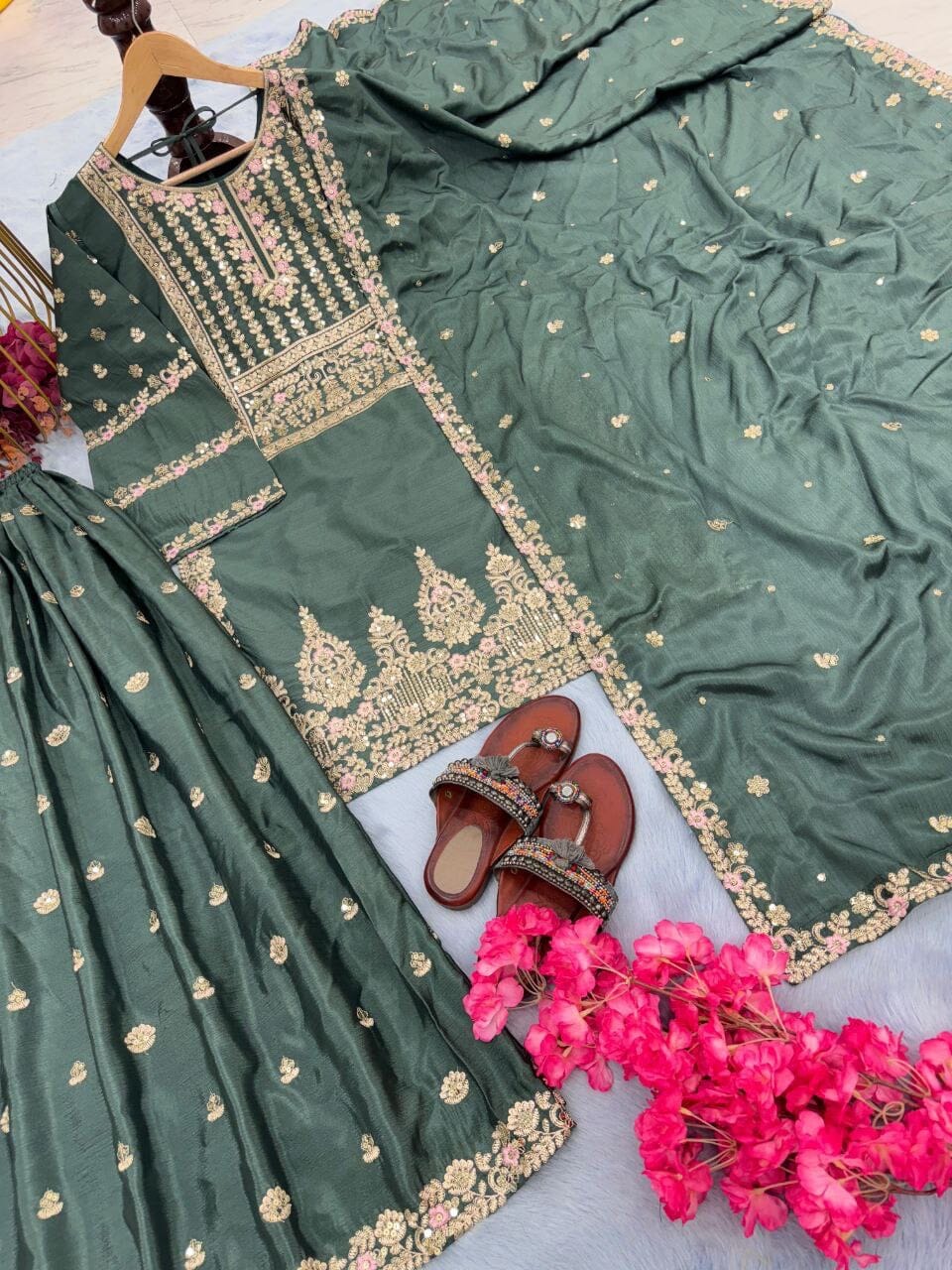 AD 155 Chinnon Silk Designer Georgette Sequence Readymade Plazzo Suit Ready Made Designer Suits Shopin Di Apparels