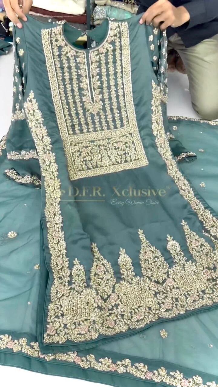AD 155 Chinnon Silk Designer Georgette Sequence Readymade Plazzo Suit Ready Made Designer Suits Shopin Di Apparels