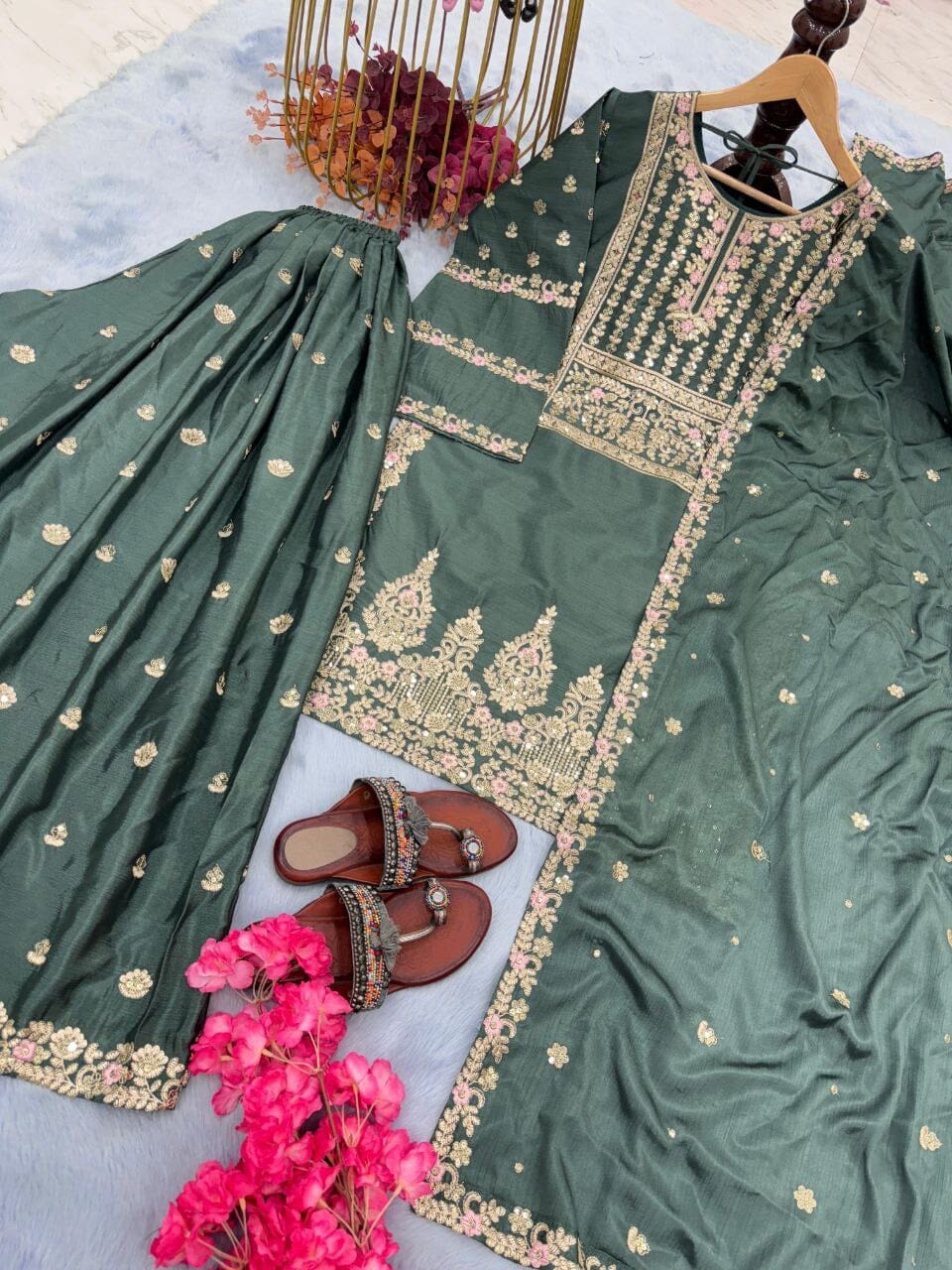 AD 155 Chinnon Silk Designer Georgette Sequence Readymade Plazzo Suit Ready Made Designer Suits Shopin Di Apparels