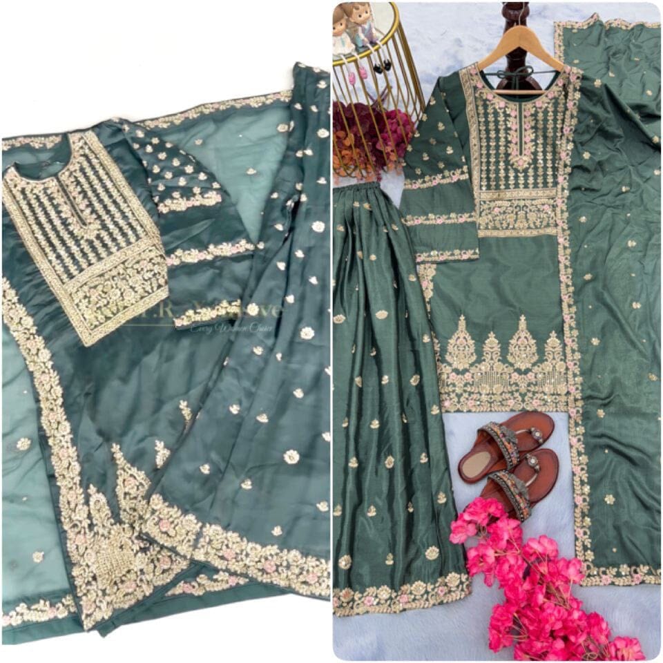 AD 155 Chinnon Silk Designer Georgette Sequence Readymade Plazzo Suit Ready Made Designer Suits Shopin Di Apparels