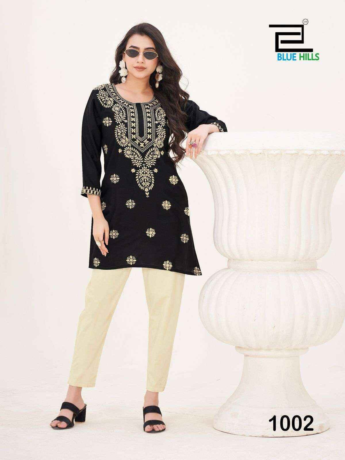 Amelia Black with Gold Lucknavi work Short Kurti Shopin Di Apparels