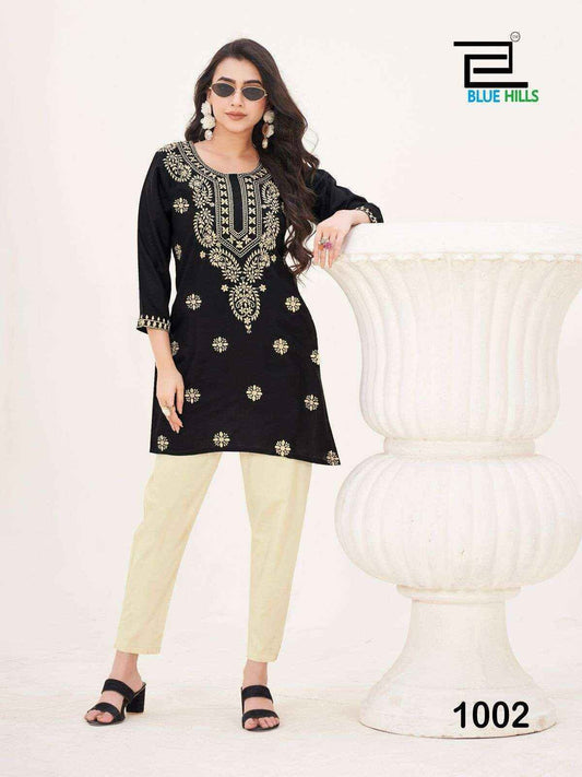 Amelia Black with Gold Lucknavi work Short Kurti Shopin Di Apparels