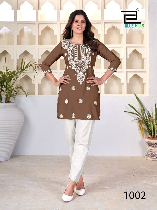 Amelia Dark Brown with Lucknavi work Short Kurti Shopin Di Apparels