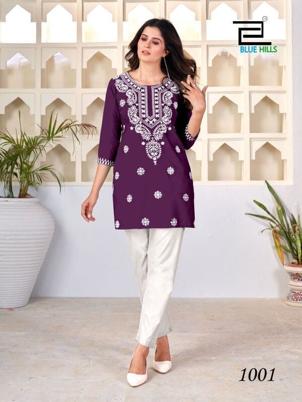 Amelia Dark Purple with Lucknavi work Short Kurti Shopin Di Apparels
