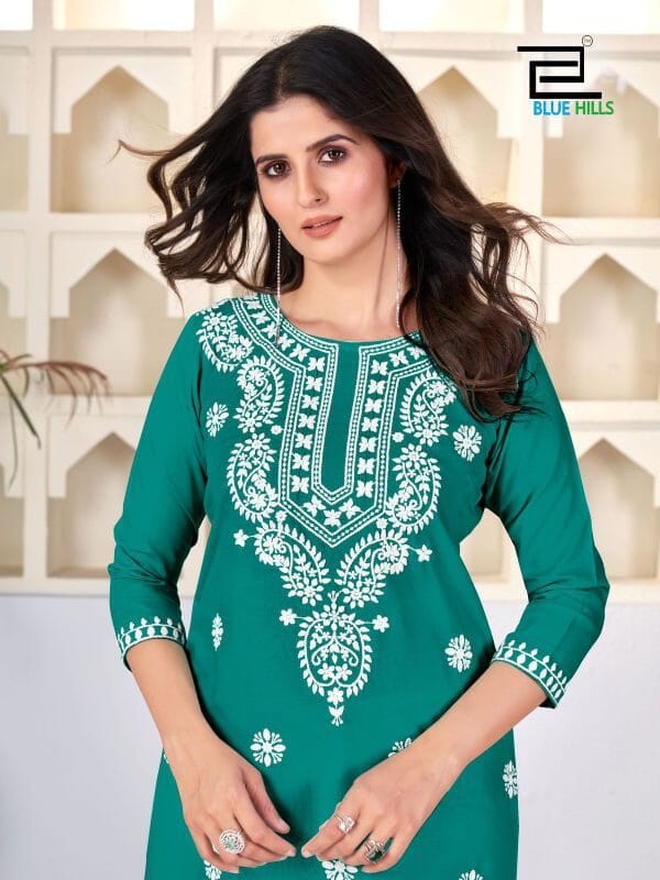 Amelia Dark Rama Green with Lucknavi work Short Kurti Shopin Di Apparels