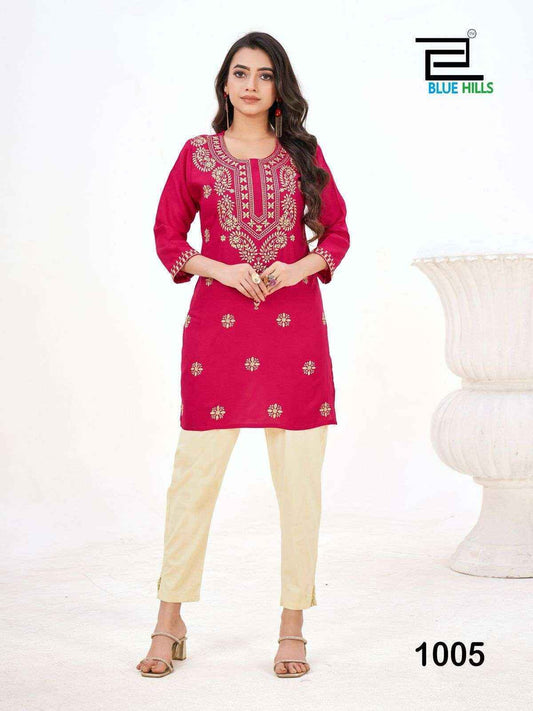 Amelia Hot Pink with Gold Lucknavi work Short Kurti Shopin Di Apparels