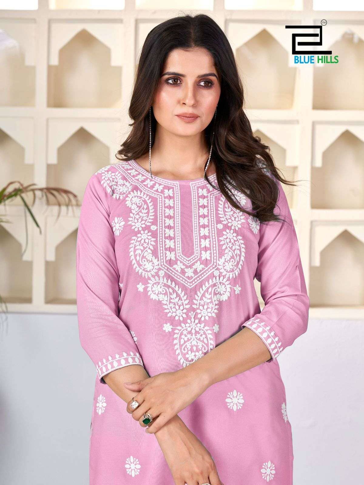 Amelia Light Pink with Lucknavi work Short Kurti Shopin Di Apparels