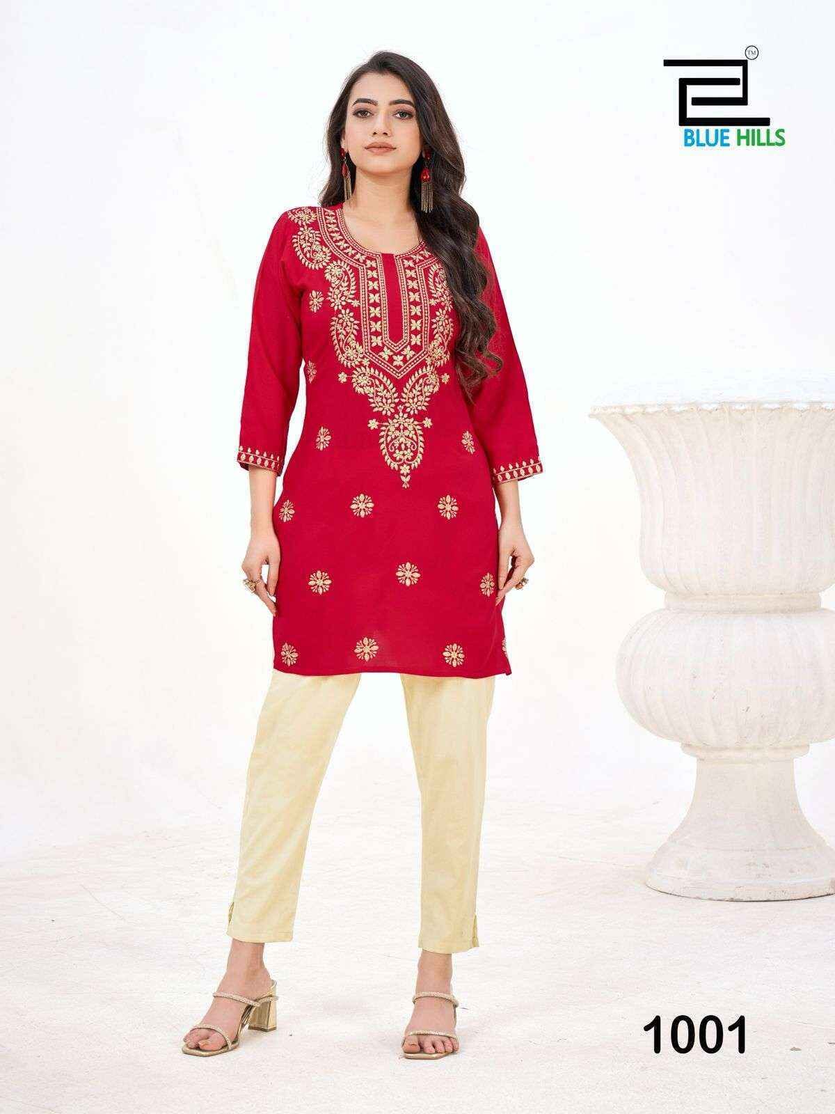 Amelia Red with Gold Lucknavi work Short Kurti Shopin Di Apparels