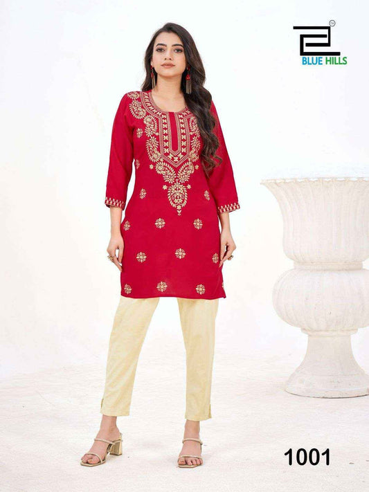 Amelia Red with Gold Lucknavi work Short Kurti Shopin Di Apparels