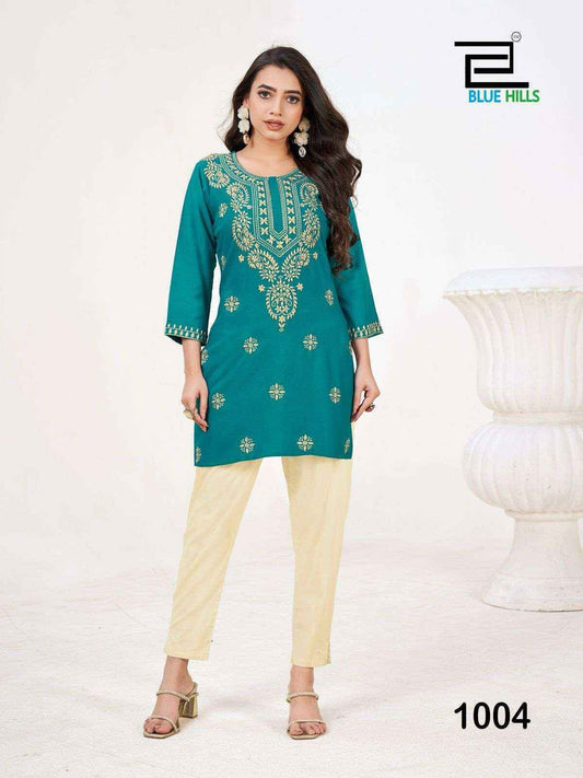 Amelia Sea Green with Gold Lucknavi work Short Kurti Shopin Di Apparels