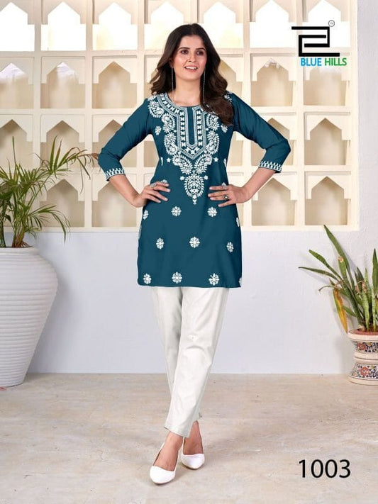 Amelia Teal with Lucknavi work Short Kurti Shopin Di Apparels