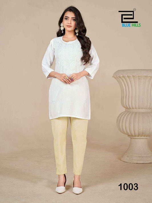 Amelia White with White Lucknavi work Short Kurti Shopin Di Apparels