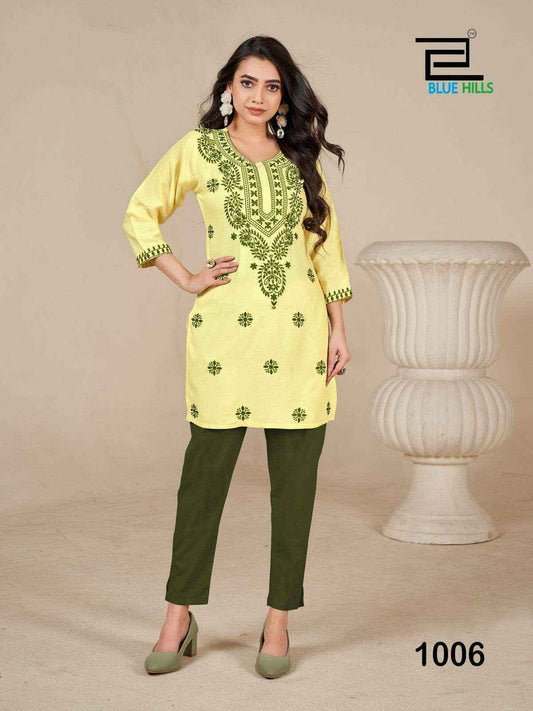 Amelia Yellow with Green Lucknavi work Short Kurti Shopin Di Apparels