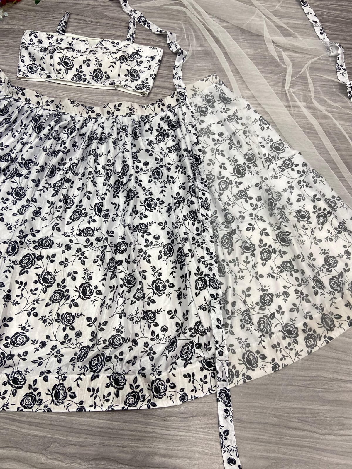 Black and White Premium Chinon Silk Embellished With Beautiful Digital Print With Heavy Cancan Lehenga Suit 3pc lehenga Shopin Di Apparels