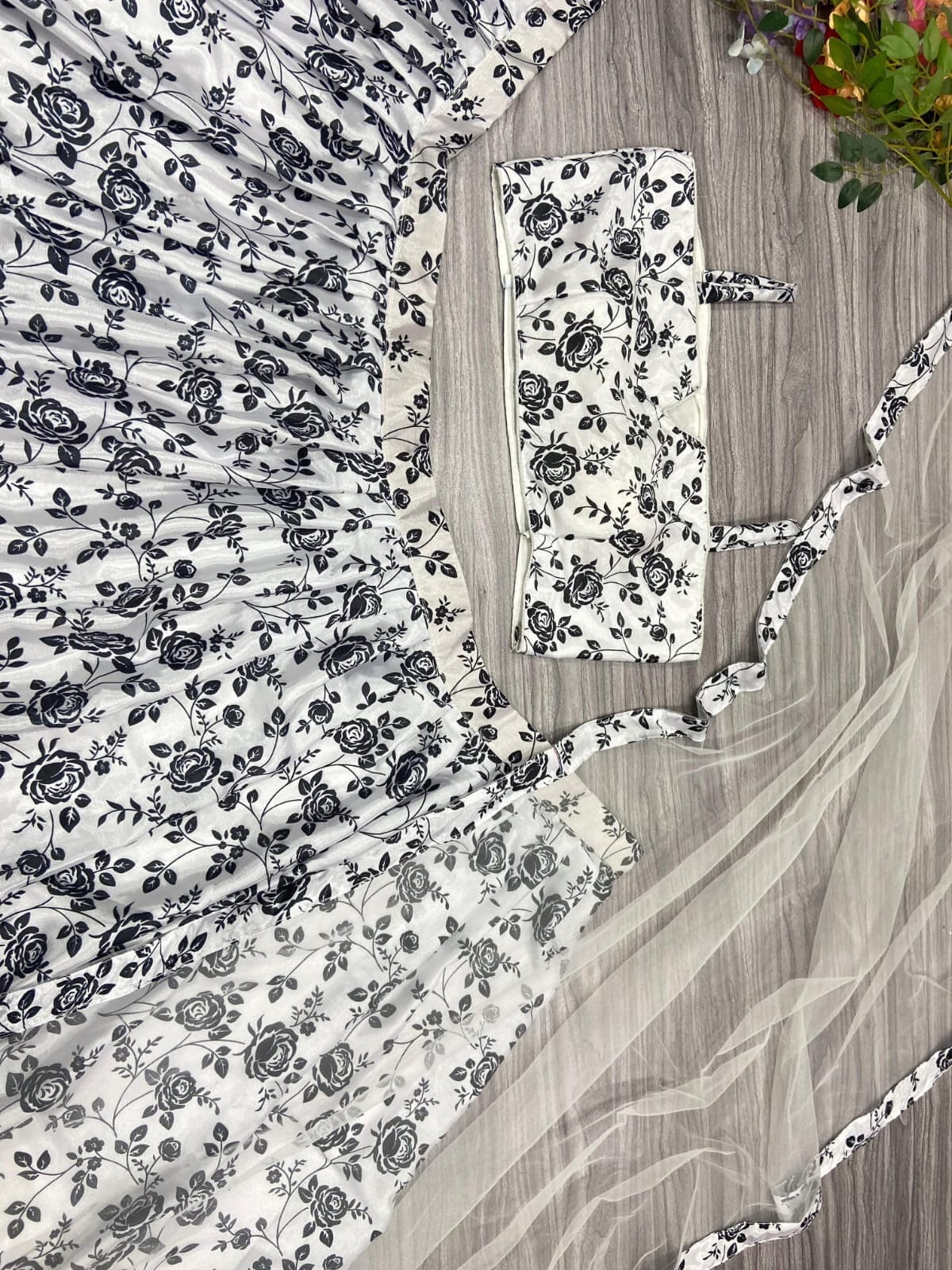 Black and White Premium Chinon Silk Embellished With Beautiful Digital Print With Heavy Cancan Lehenga Suit 3pc lehenga Shopin Di Apparels