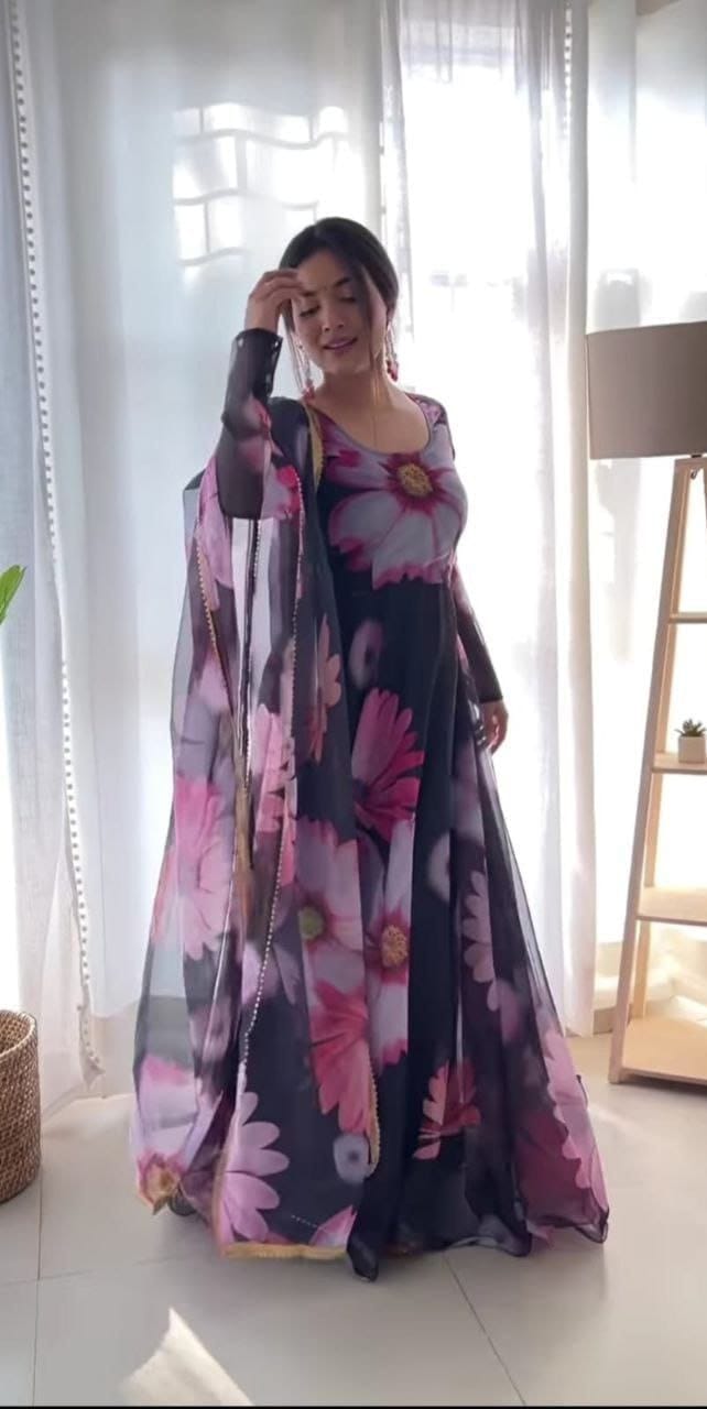 Black Big Flower Floral Printed Georgette Gown with Dupatta Gown with Dupatta Shopin Di Apparels