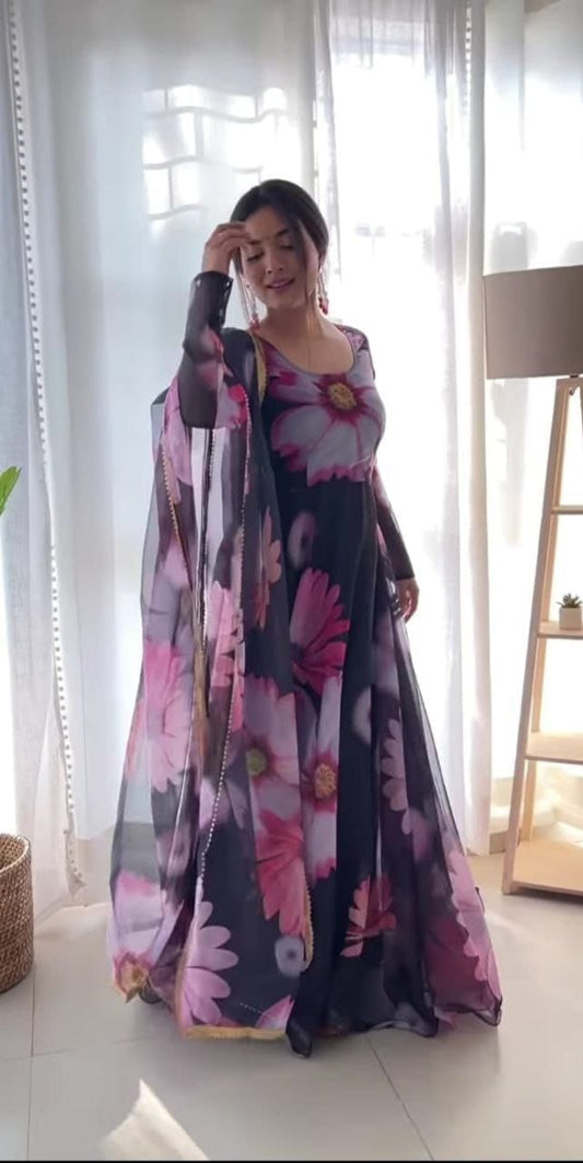 Black Big Flower Floral Printed Georgette Gown with Dupatta Gown with Dupatta Shopin Di Apparels