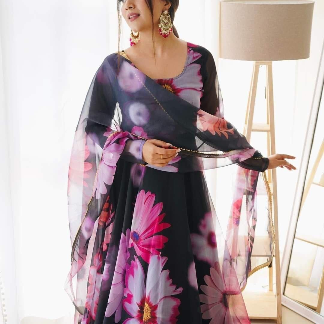 Black Big Flower Floral Printed Georgette Gown with Dupatta Gown with Dupatta Shopin Di Apparels