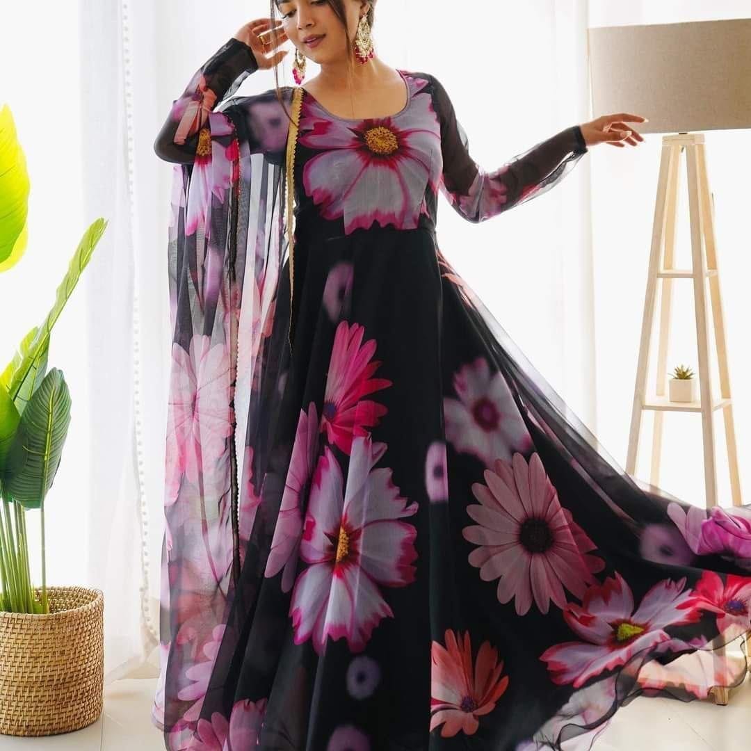 Black Big Flower Floral Printed Georgette Gown with Dupatta Gown with Dupatta Shopin Di Apparels