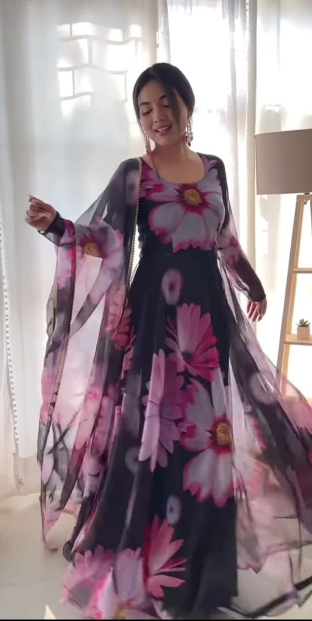 Black Big Flower Floral Printed Georgette Gown with Dupatta Gown with Dupatta Shopin Di Apparels
