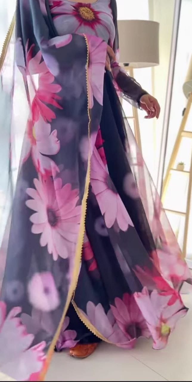 Black Big Flower Floral Printed Georgette Gown with Dupatta Gown with Dupatta Shopin Di Apparels