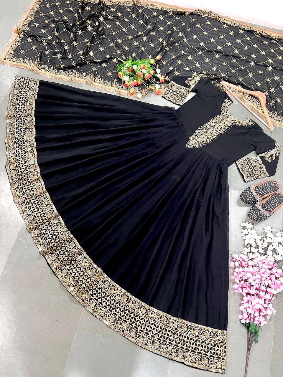 Black Designer Party Wear Embroidered Sequence Work Gown with Dupatta Gown with Dupatta Shopin Di Apparels