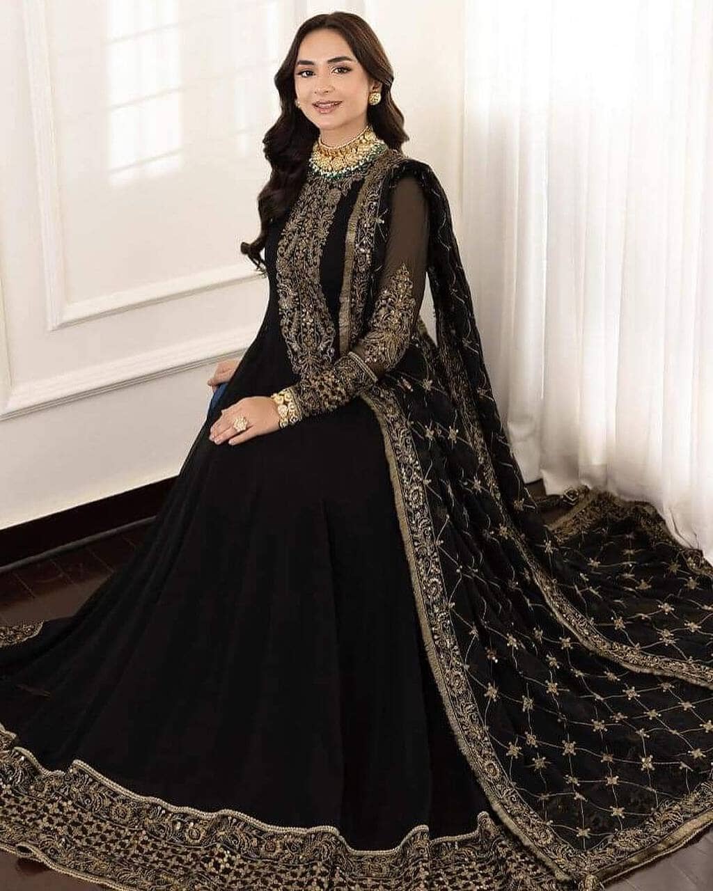 Black Designer Party Wear Embroidered Sequence Work Gown with Dupatta Gown with Dupatta Shopin Di Apparels
