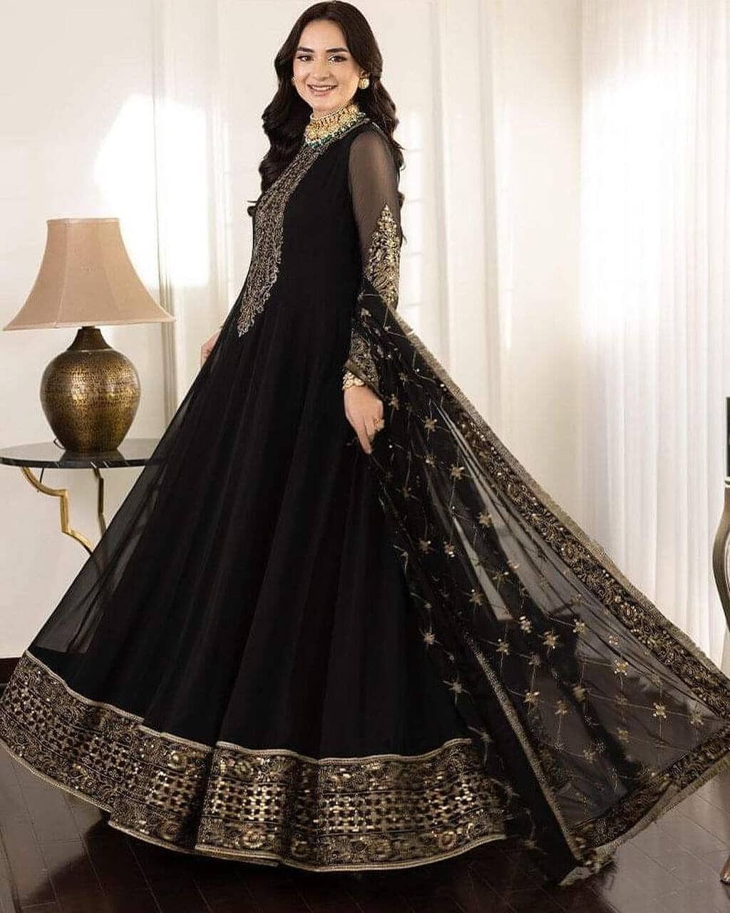 Black Designer Party Wear Embroidered Sequence Work Gown with Dupatta Gown with Dupatta Shopin Di Apparels