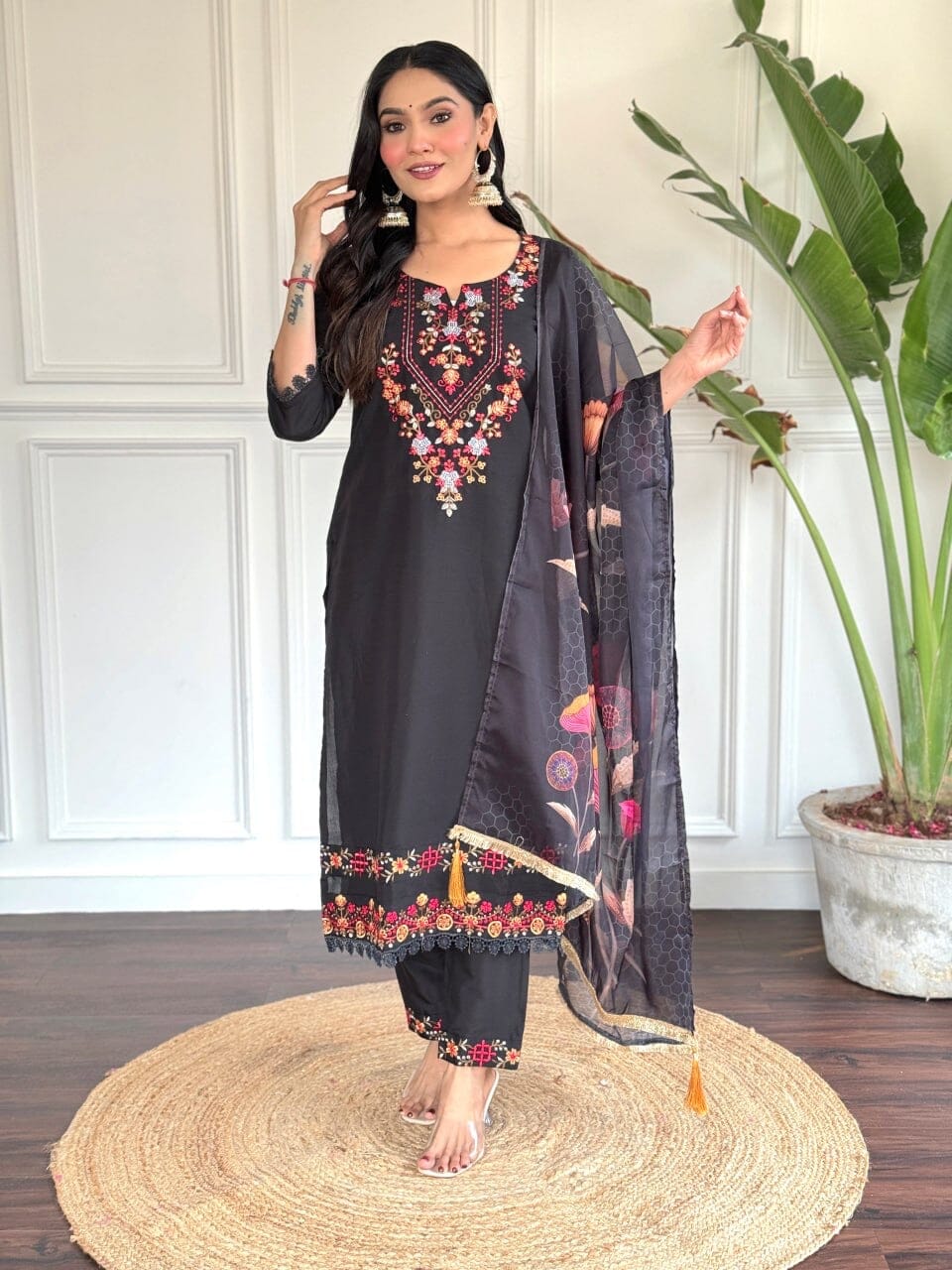 Black Embroidered Chanderi Top with Chanderi Dupatta and Pant set Kurti with Bottom and Dupatta Shopin Di Apparels