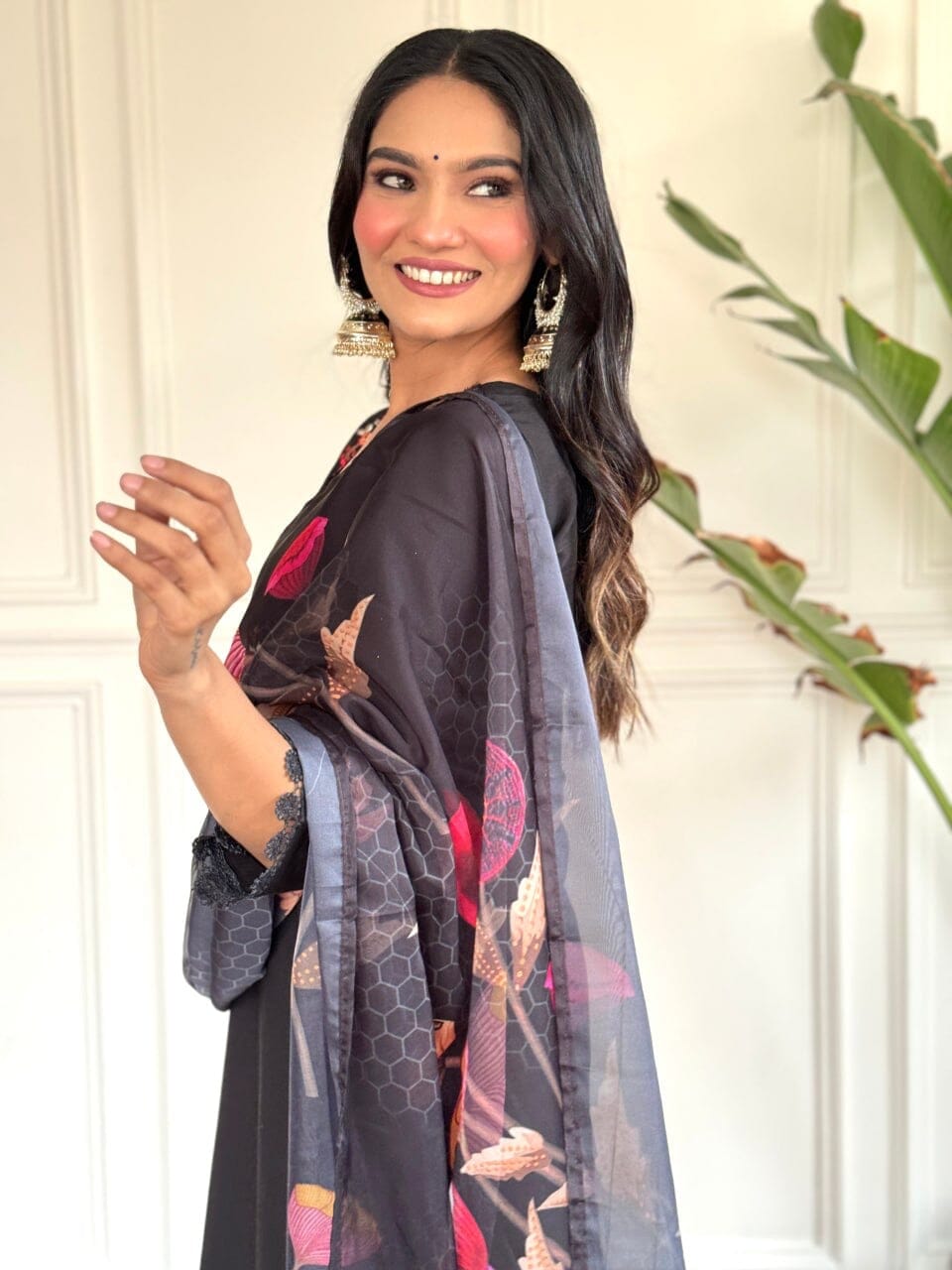 Black Embroidered Chanderi Top with Chanderi Dupatta and Pant set Kurti with Bottom and Dupatta Shopin Di Apparels