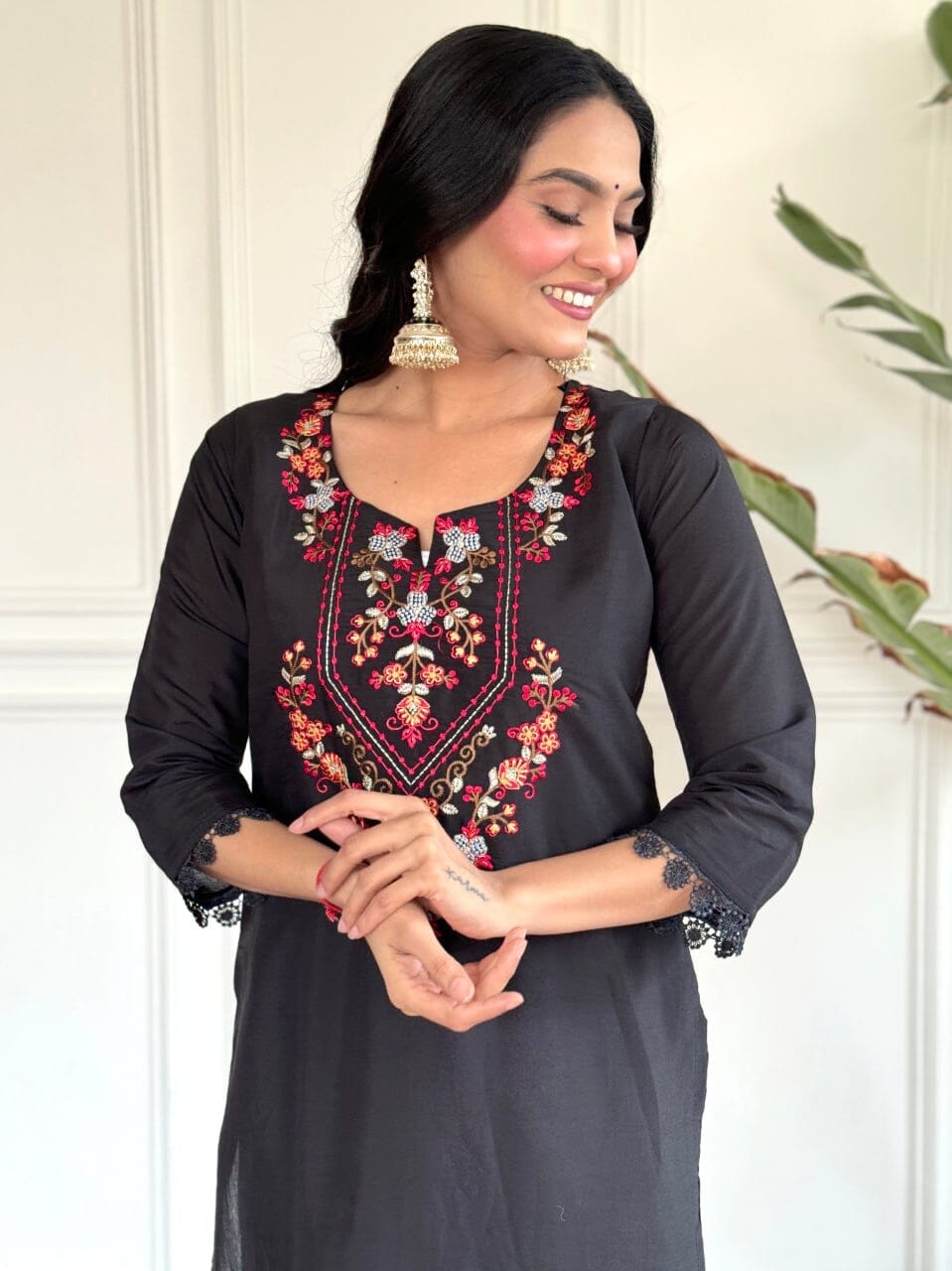 Black Embroidered Chanderi Top with Chanderi Dupatta and Pant set Kurti with Bottom and Dupatta Shopin Di Apparels
