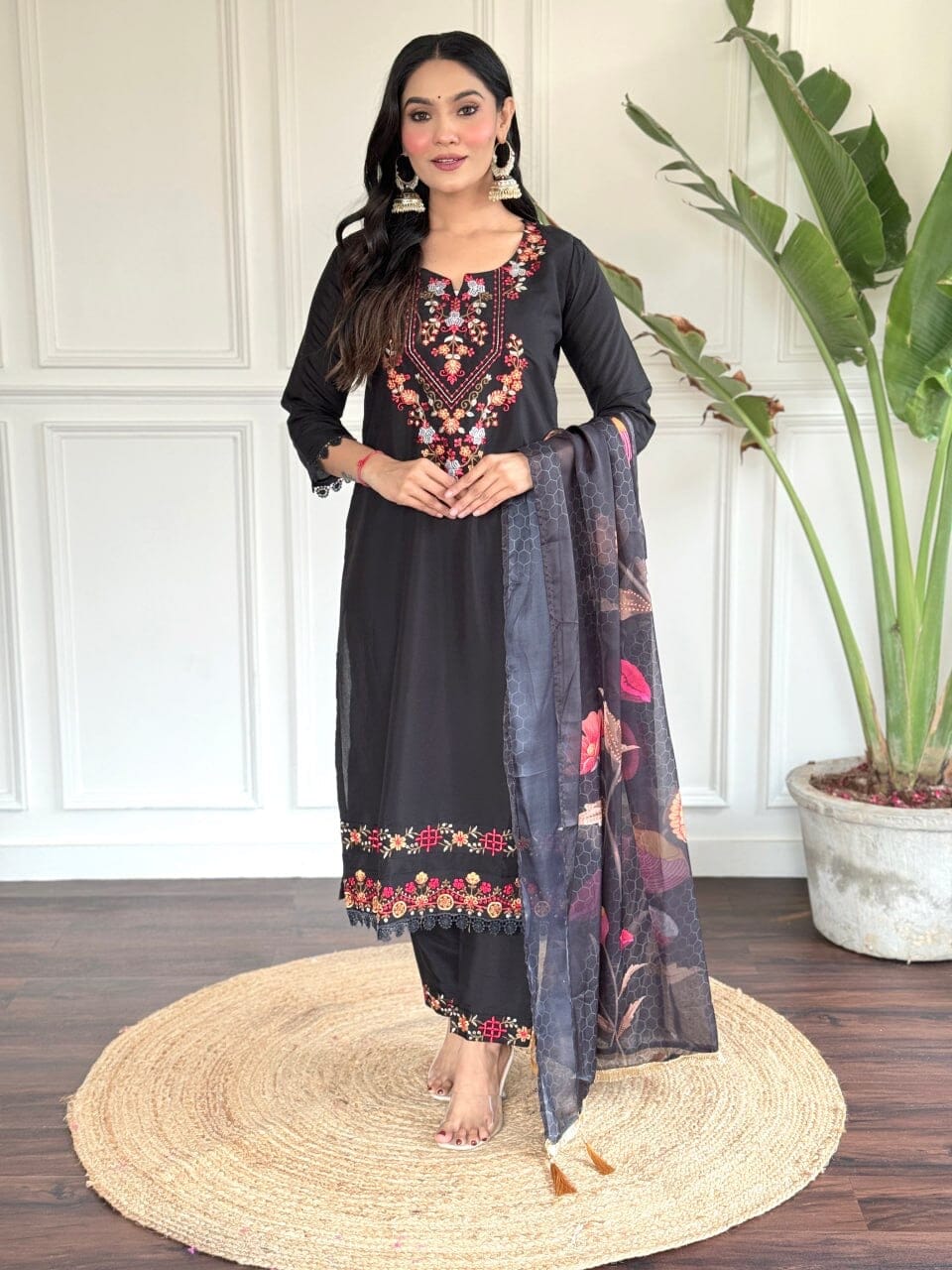 Black Embroidered Chanderi Top with Chanderi Dupatta and Pant set Kurti with Bottom and Dupatta Shopin Di Apparels