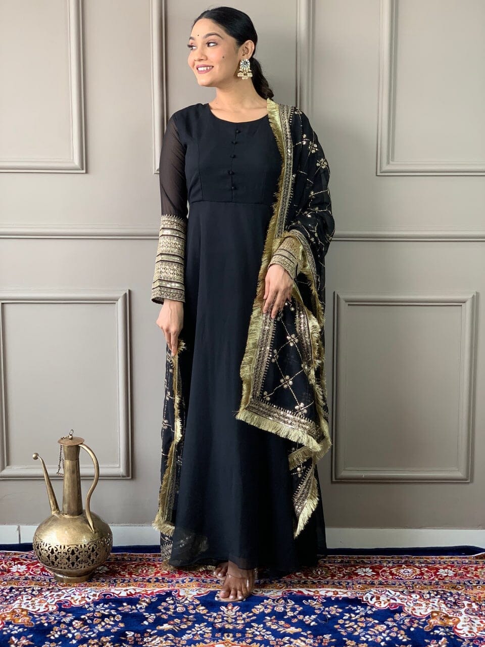 Black Georgette Gown with Embroidered Dupatta and Silk Pant Ready Made Designer Suits Shopin Di Apparels