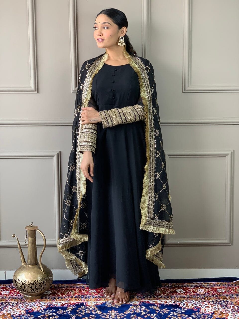 Black Georgette Gown with Embroidered Dupatta and Silk Pant Ready Made Designer Suits Shopin Di Apparels