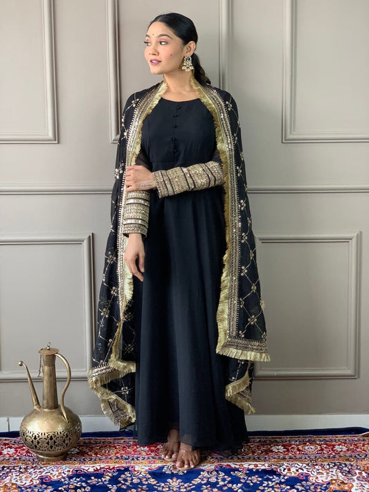 Black Georgette Gown with Embroidered Dupatta and Silk Pant Ready Made Designer Suits Shopin Di Apparels