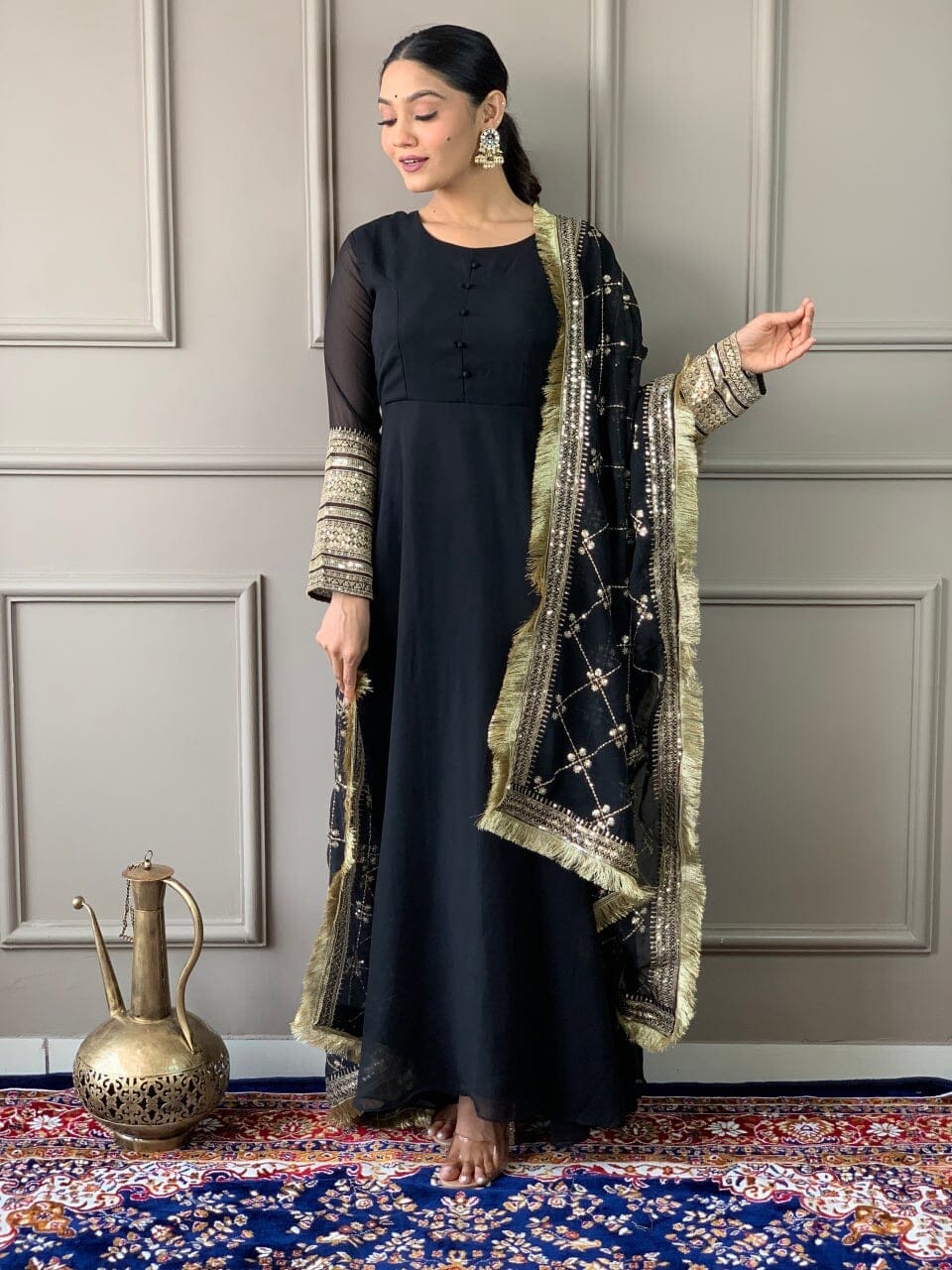 Black Georgette Gown with Embroidered Dupatta and Silk Pant Ready Made Designer Suits Shopin Di Apparels