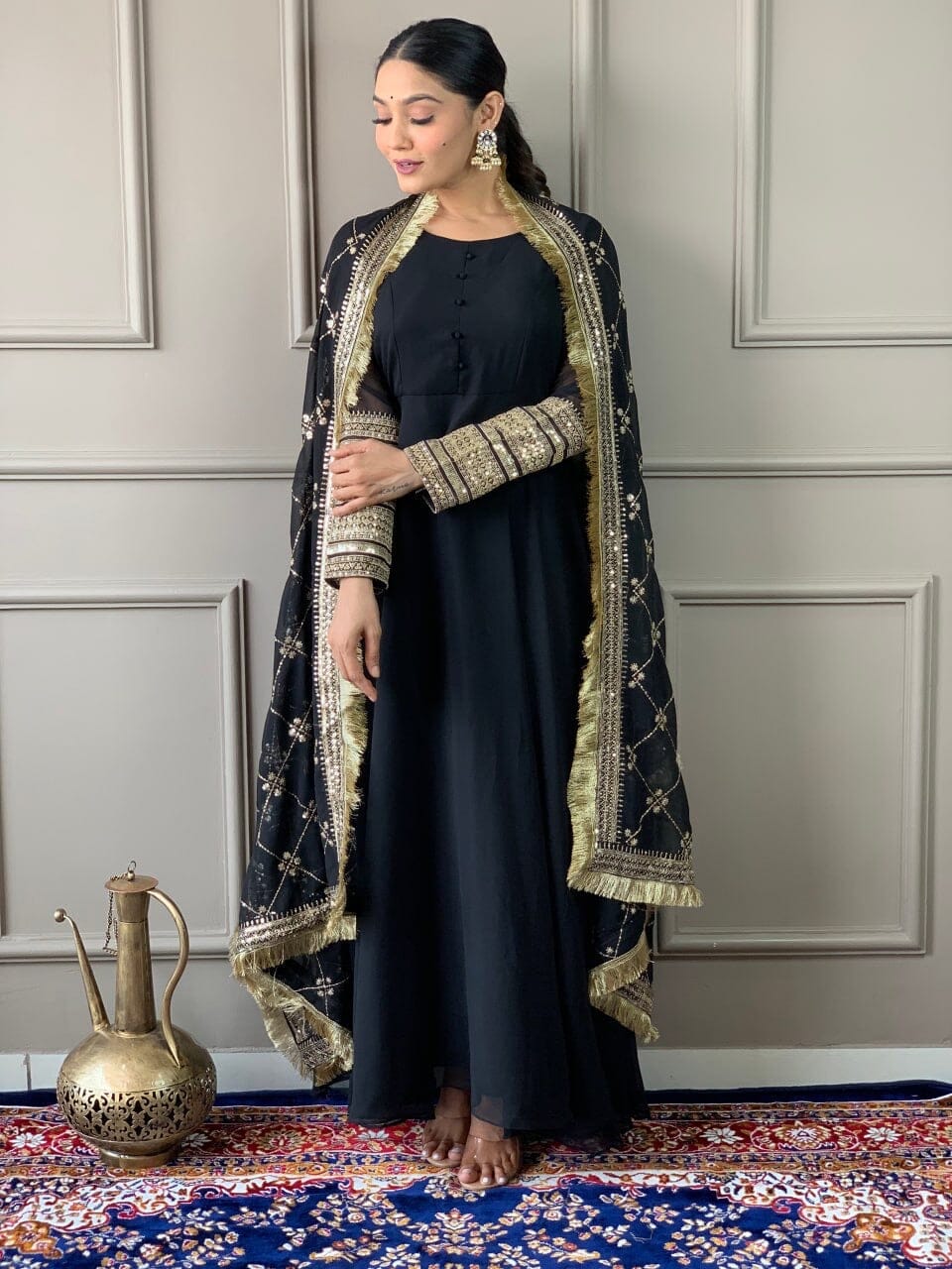 Black Georgette Gown with Embroidered Dupatta and Silk Pant Ready Made Designer Suits Shopin Di Apparels