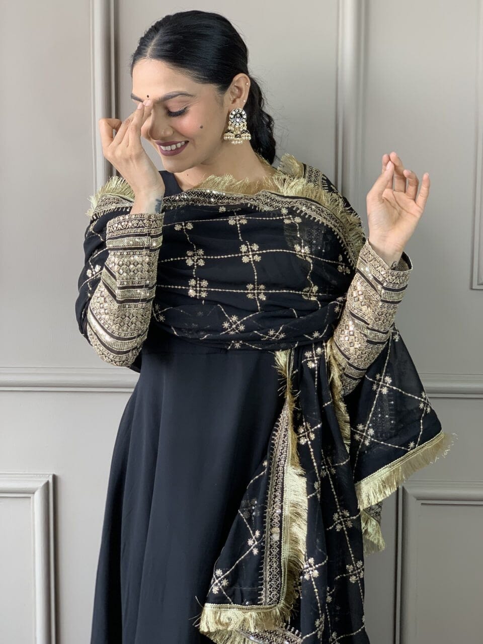 Black Georgette Gown with Embroidered Dupatta and Silk Pant Ready Made Designer Suits Shopin Di Apparels