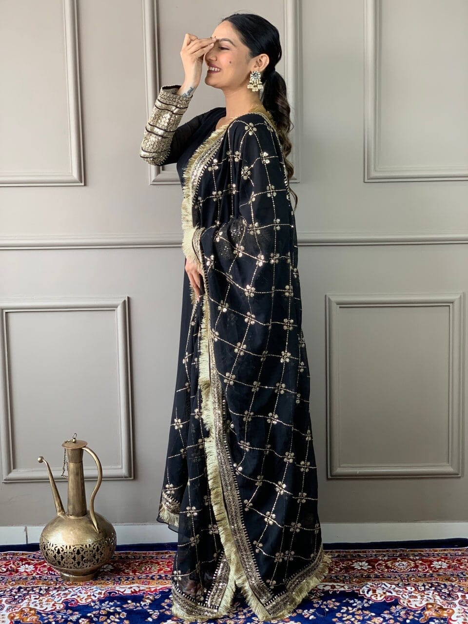 Black Georgette Gown with Embroidered Dupatta and Silk Pant Ready Made Designer Suits Shopin Di Apparels