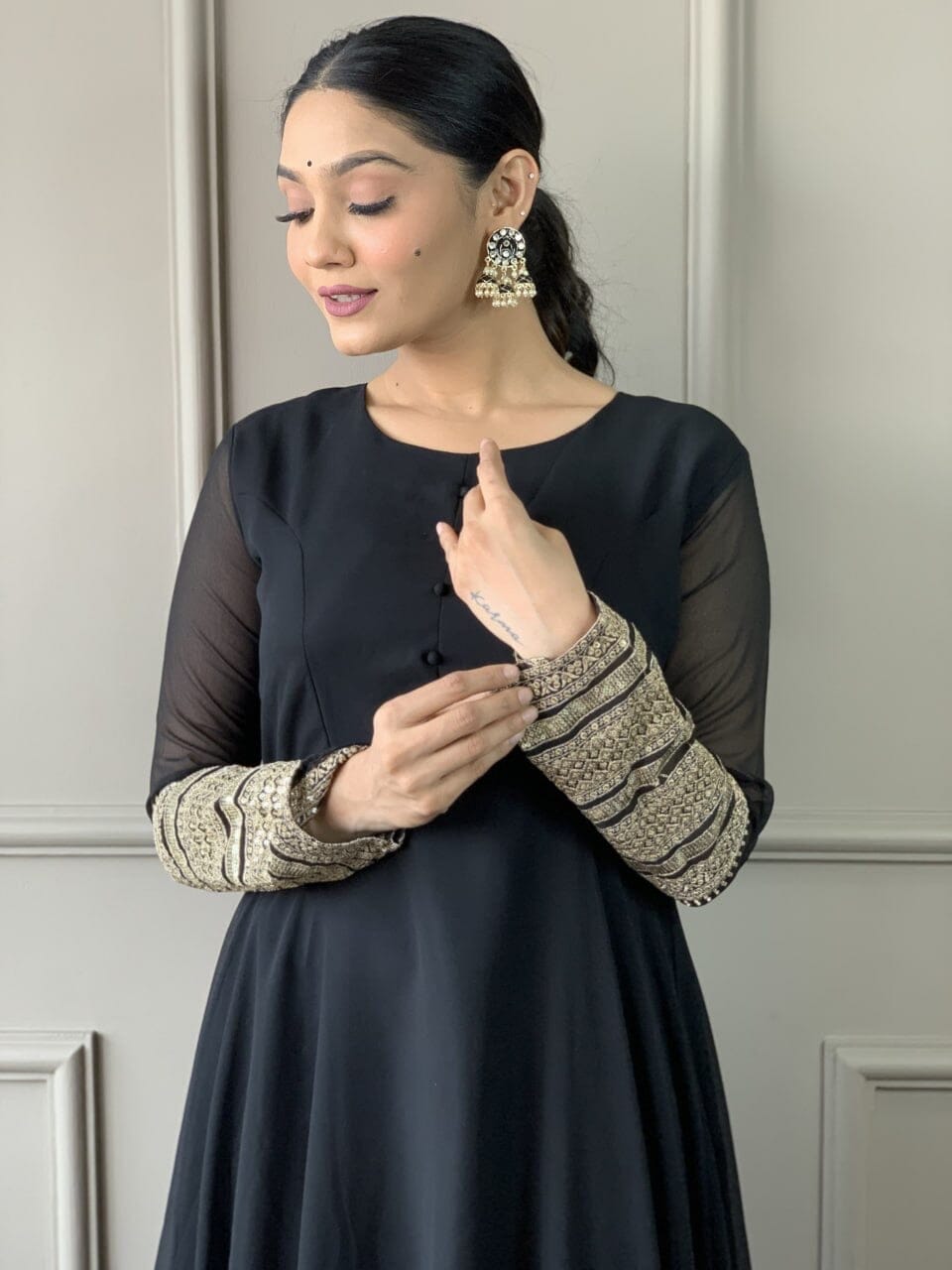 Black Georgette Gown with Embroidered Dupatta and Silk Pant Ready Made Designer Suits Shopin Di Apparels