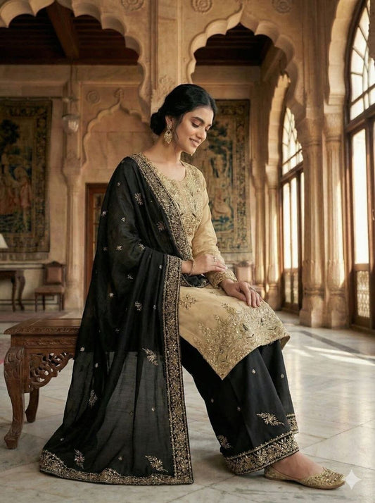 Black GMY SILK With Heavy Embroidery Sequence Designer Plazzo Suit Ready to Wear Designer Suits Shopin Di Apparels
