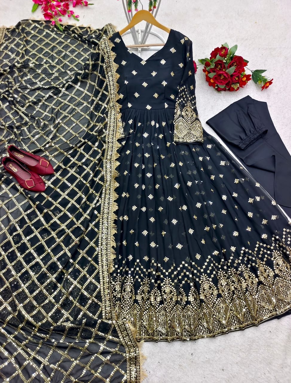 Black Heavy Fox Georgette Sequence Work Designer Gown with Dupatta and Pant Designer Suits Shopin Di Apparels
