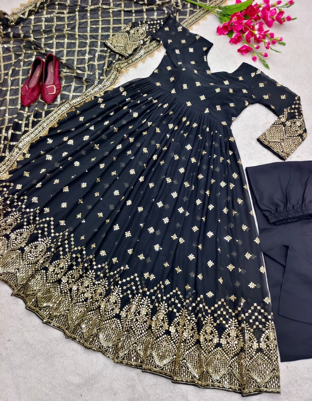 Black Heavy Fox Georgette Sequence Work Designer Gown with Dupatta and Pant Designer Suits Shopin Di Apparels