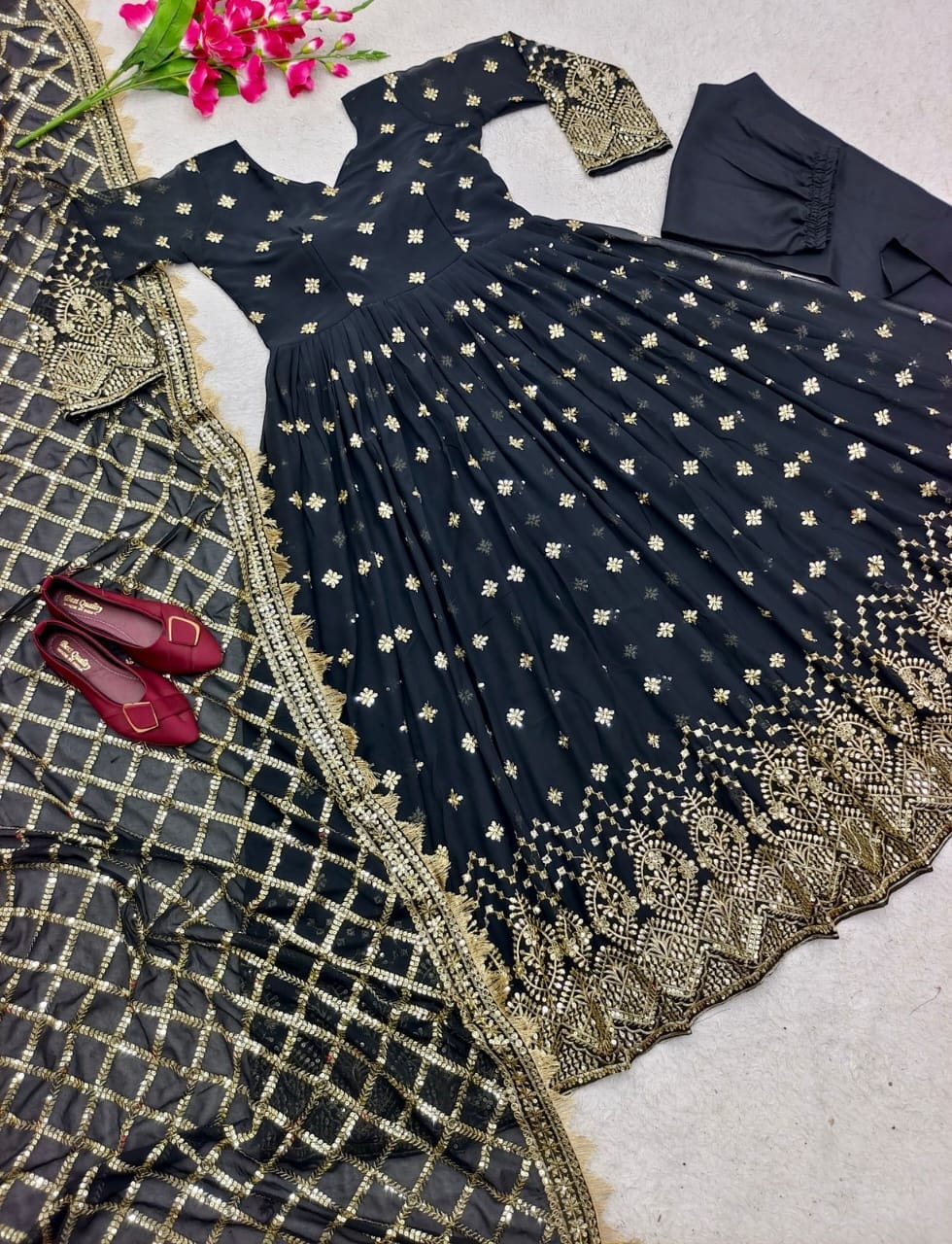 Black Heavy Fox Georgette Sequence Work Designer Gown with Dupatta and Pant Designer Suits Shopin Di Apparels