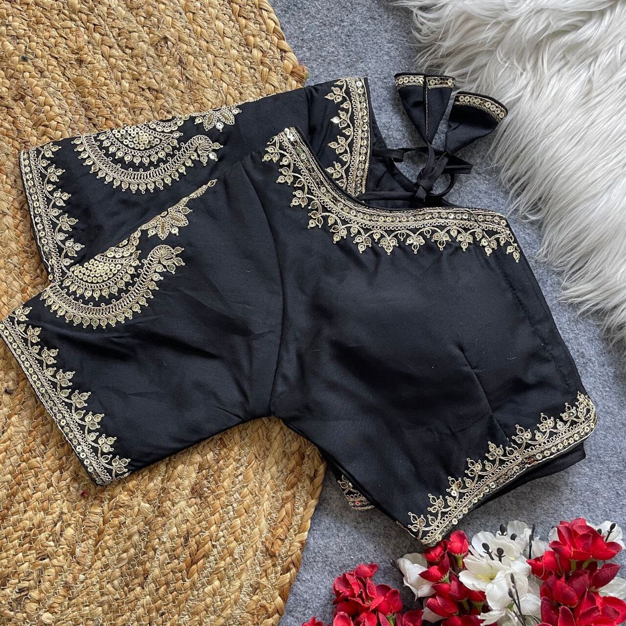 Black Heavy Pure Roman Silk Embroidered Sequence Work Readymade Blouse Shopin Di Apparels