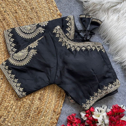 Black Heavy Pure Roman Silk Embroidered Sequence Work Readymade Blouse Shopin Di Apparels