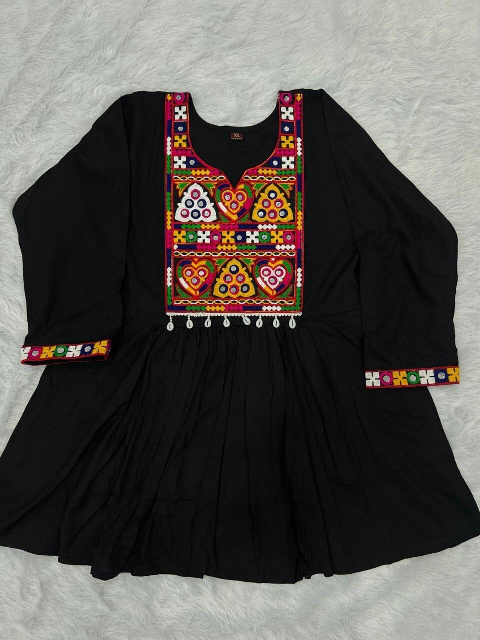 Black Heavy Rayon Baby Doll Short Top With Gamthi Lace and mirror work Western Top Shopin Di Apparels